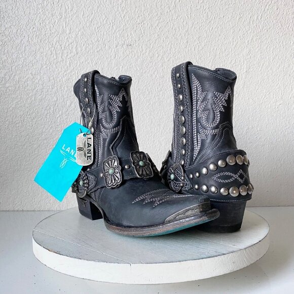 Lane Boots Shoes - NEW Lane Silver Mesa Black Cowboy Boots Womens 6 Leather Western Snip Toe Ankle